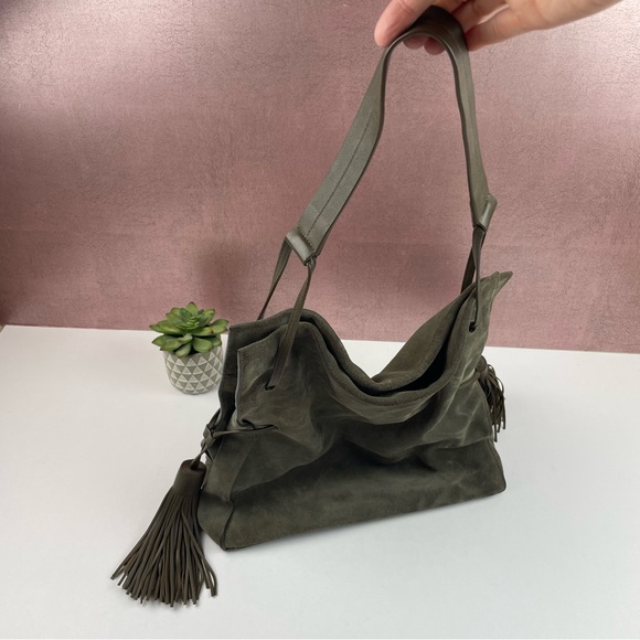 All Saints Cow Leather Gray Black Tassel Purse Bag Liberty Hobo Slouchy - Picture 5 of 12